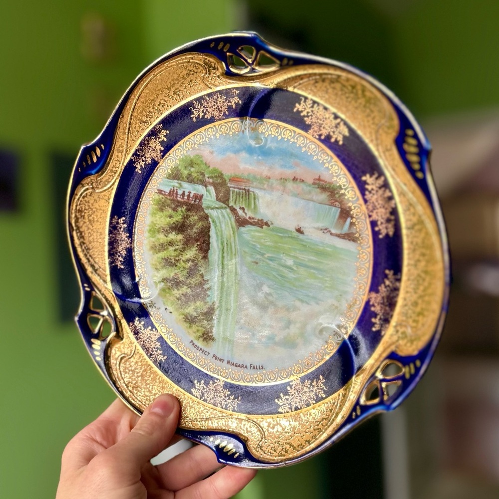 VTG Still Life Niagara Falls Golden Navy Porcelain Nature Plate Decor Art - Picture 2 of 6